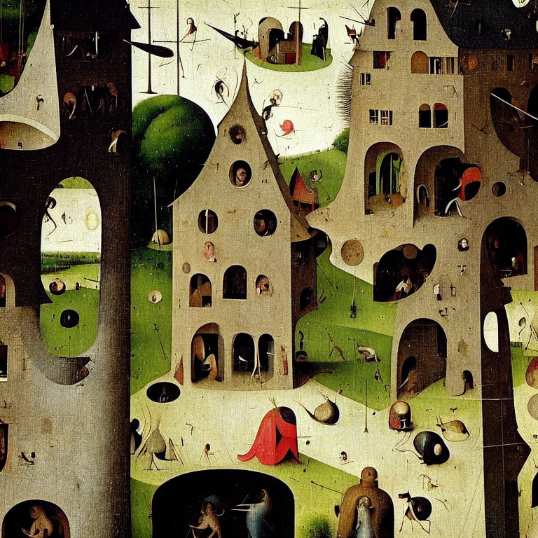 Detailed surreal painting with whimsical architecture and bizarre characters