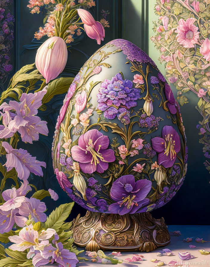 Floral patterned egg with purple and pink flowers on dark background