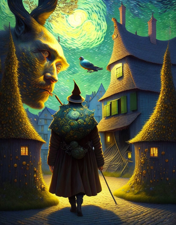 Person in cloak walking towards whimsical houses under moonlit sky with giant cat's face and bird.