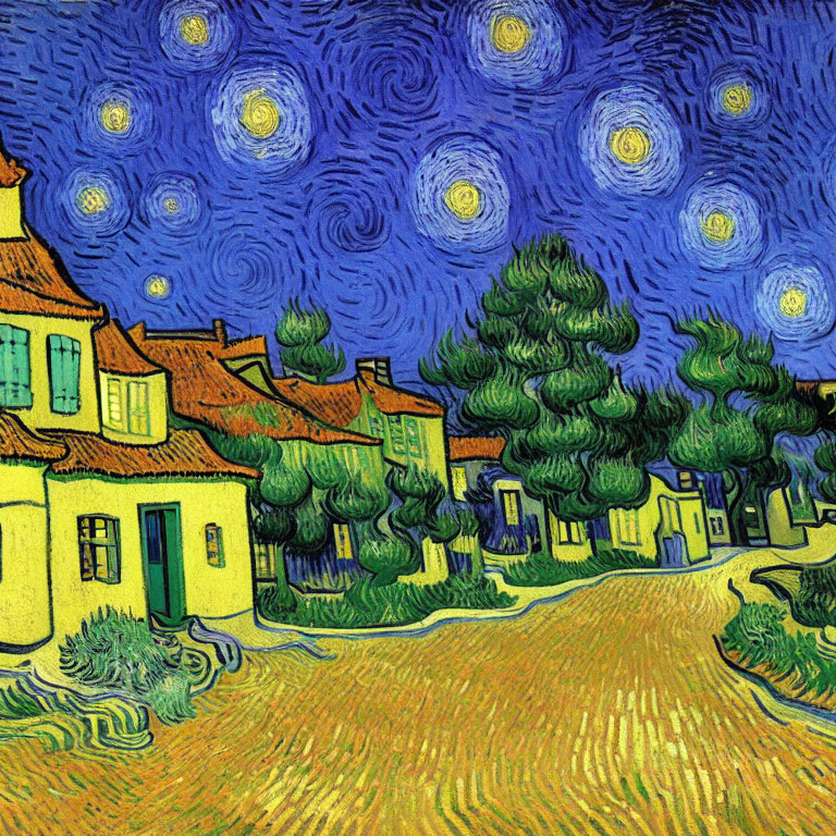 Starry night sky painting with swirling clouds over village