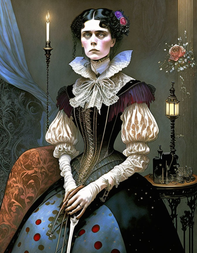 Victorian woman in puffed sleeves by candlelight in moody setting