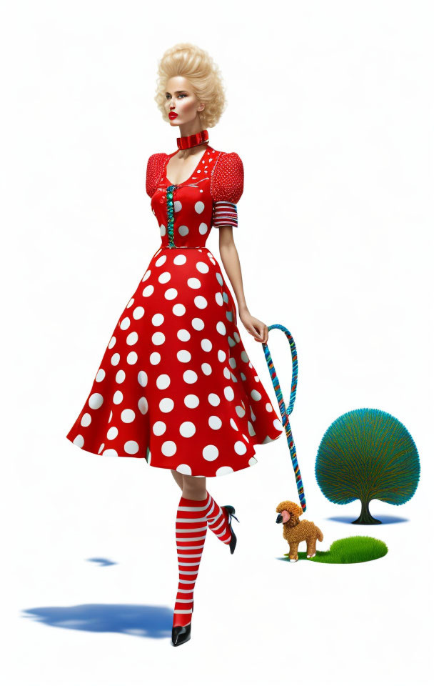 Vintage red polka dot dress woman walks abstract poodle on colorful leash