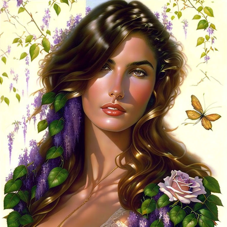 Illustrated portrait of woman with brown hair, green eyes, surrounded by purple flowers and butterfly