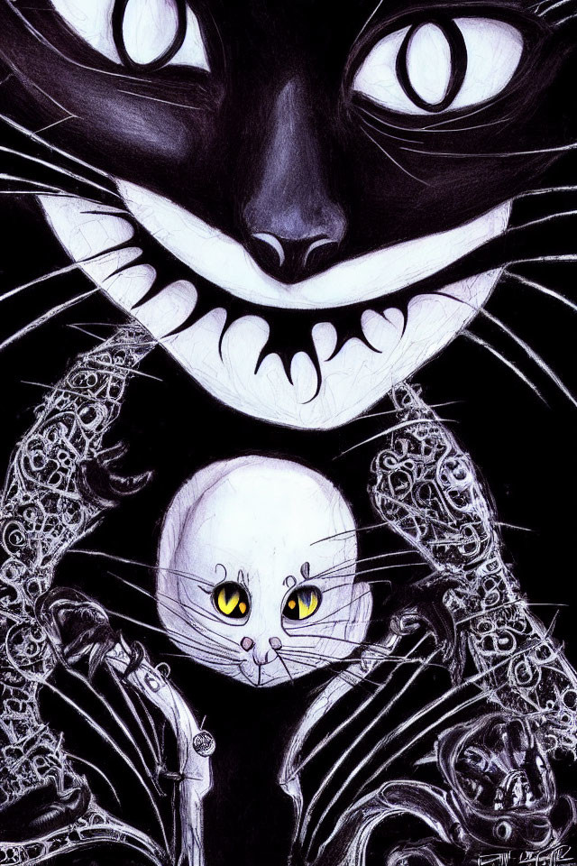 Monochrome drawing of Cheshire Cat with smaller cat inside