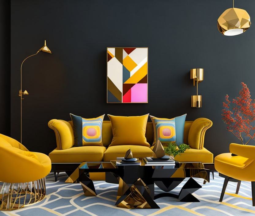 Dark wall, yellow sofas, geometric table, abstract art, brass lamps, and plants in modern living