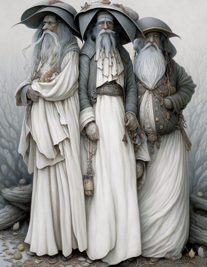 Three wizards in long robes and pointed hats with unique beards and staffs in a forest.