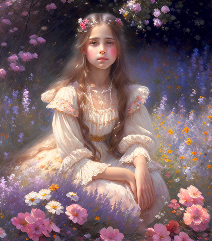 Young girl with long hair in blooming garden surrounded by pastel flowers