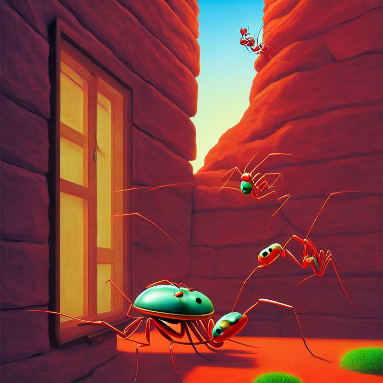 Colorful Animated Image: Three Ants in Red Rock Canyon, One Climbing Wall towards Door