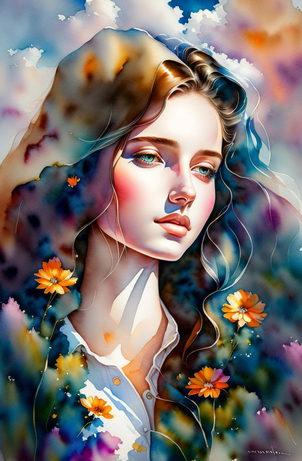 Vibrant portrait of a woman with blue eyes in floral setting