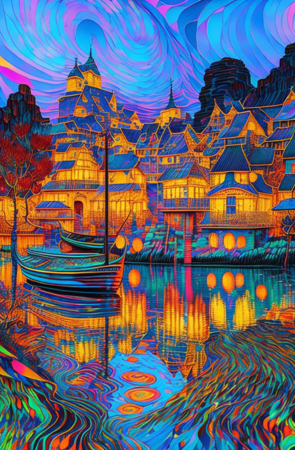 Psychedelic European village illustration by a lake with wave-like patterns.