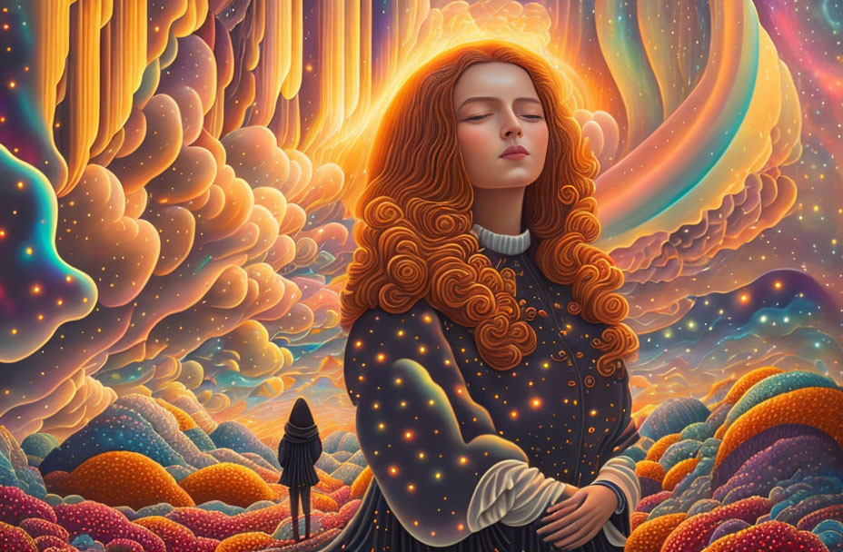 Illustrated red-haired woman in surreal celestial landscape