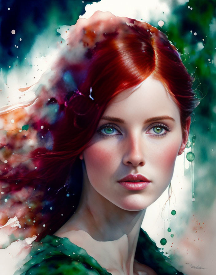 Vibrant digital artwork: Woman with red hair and green eyes in cosmic swirl.