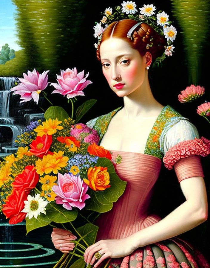 Portrait of Woman with Auburn Hair and White Flower Bouquet by Waterfall