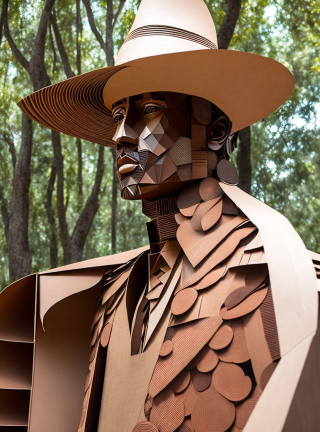 Layered geometric cardboard sculpture of human figure with large brimmed hat