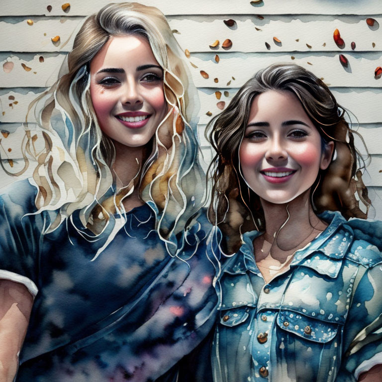 Two smiling women with blond hair in digital artwork with autumn leaves background.