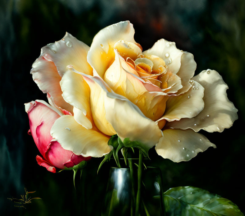 Multicolored Rose with Dew Drops in Clear Vase on Dark Background