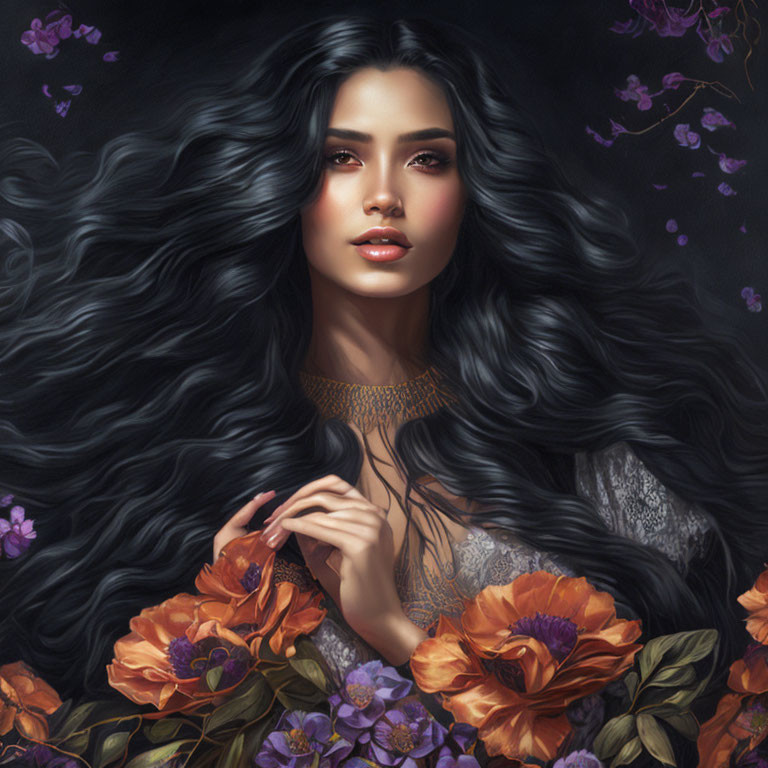 Woman with flowing black hair in lace top among orange flowers and purple accents