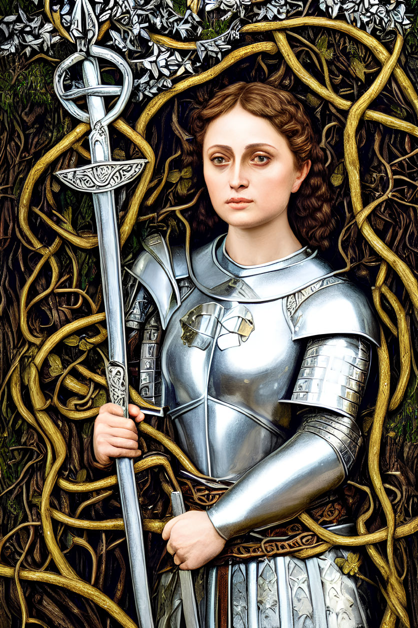 Female warrior in shining armor with sword among branches.