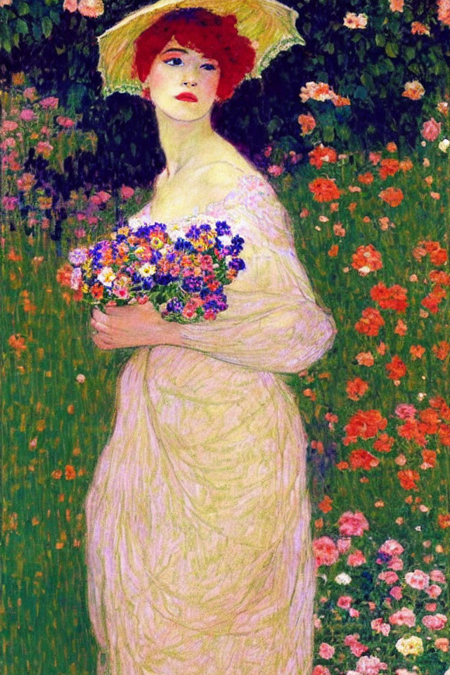 Portrait of woman with red hair in white dress and yellow hat holding bouquet in colorful garden