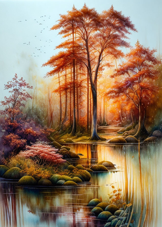 Tranquil autumn river scene with golden trees and misty ambiance