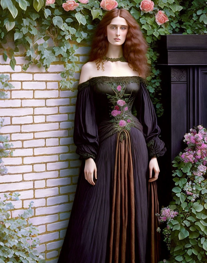 Vintage Black Dress Woman Painting Surrounded by Ivy and Roses