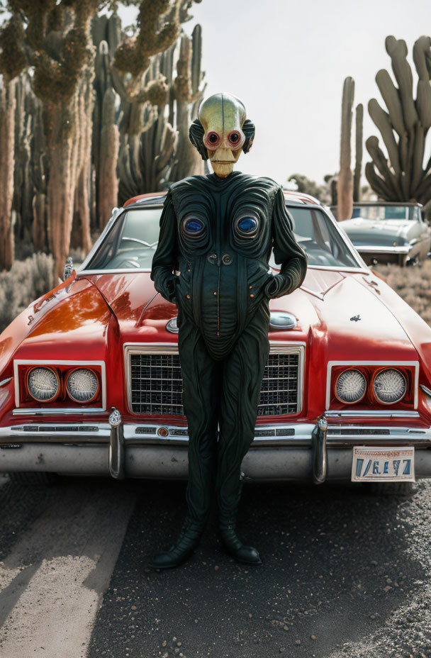 Alien costume person by red car and cacti