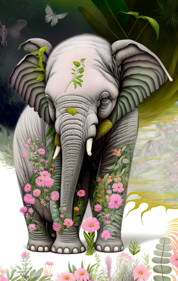 Elephant with wings and floral adornments on black background.