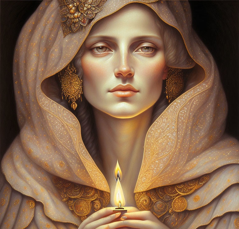 Serene woman with ornate headscarf and candle glow