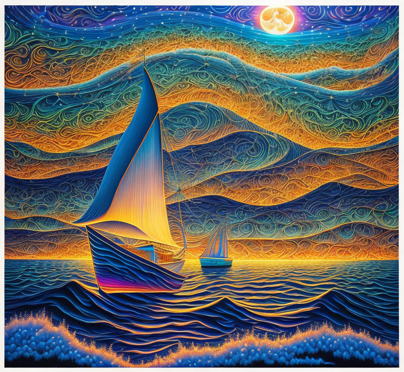 Sailboat on wavy seas under a starry sky with full moon