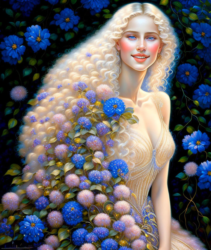 Blonde Woman Surrounded by Blue Flowers and Greenery