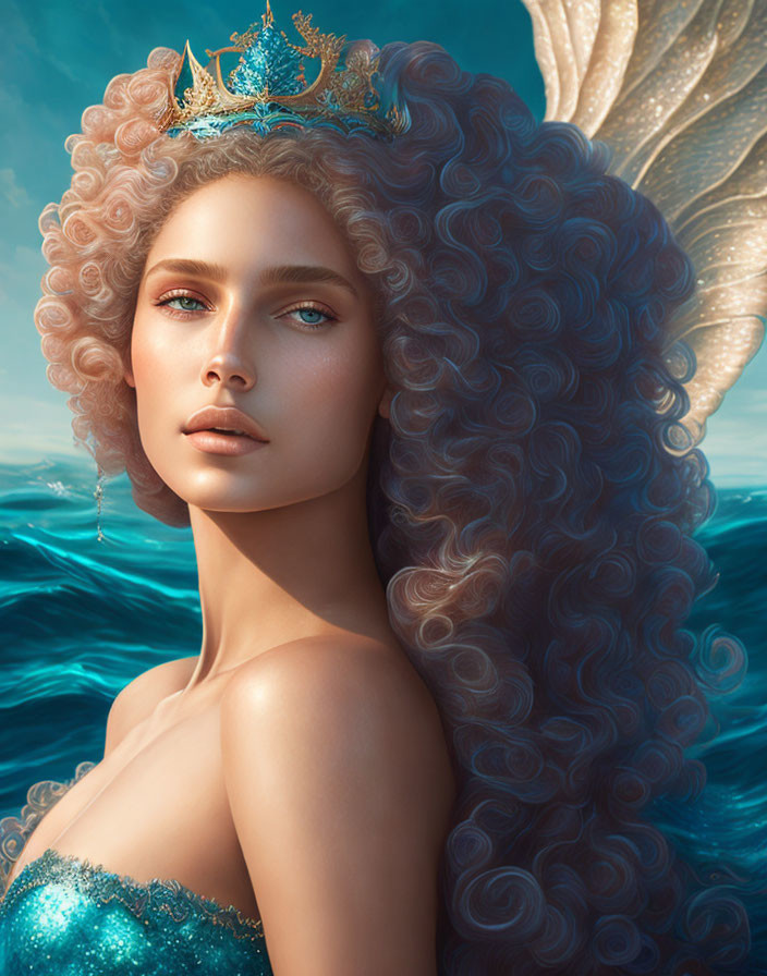 Mermaid Fantasy Artwork with Curly Hair, Crown, Earrings, and Sparkling Attire