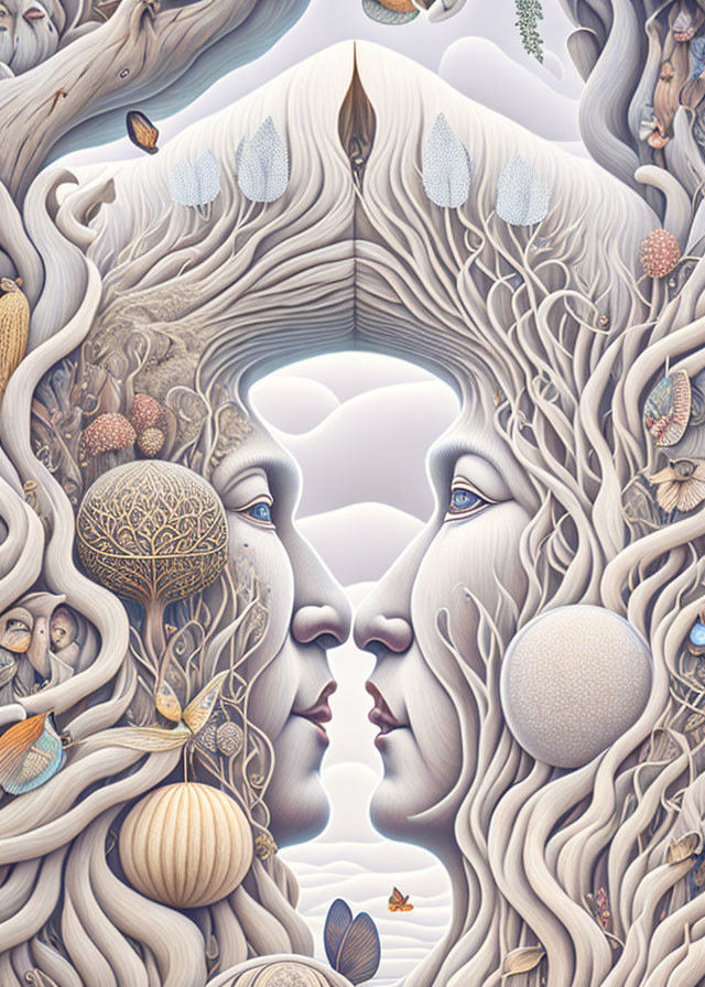 Surrealist illustration: Faces with tree hair in circular frame