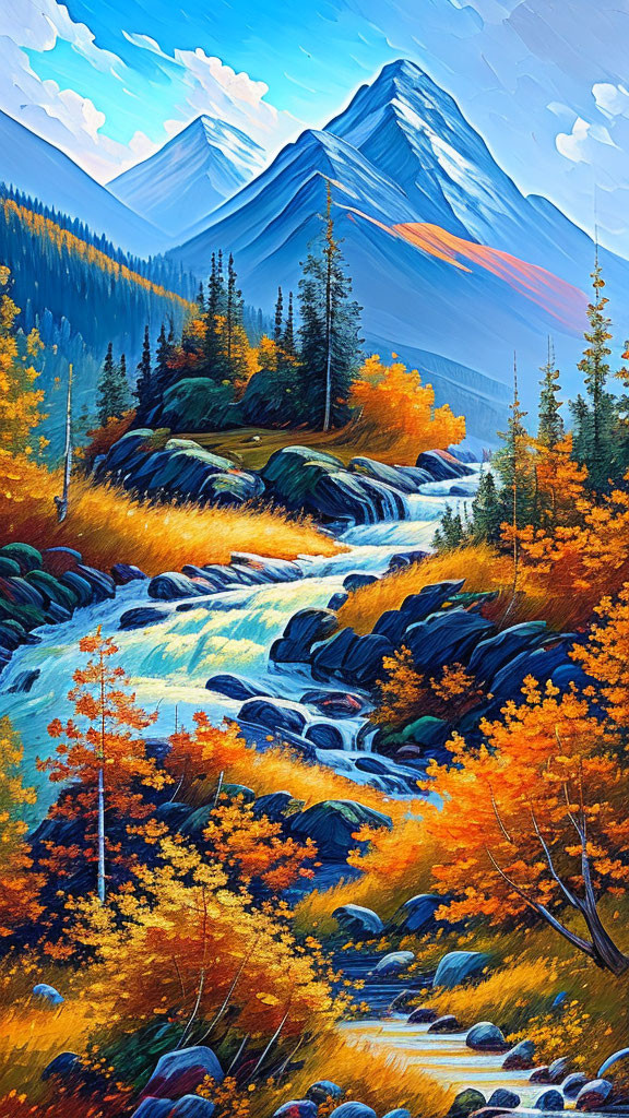 Mountainous landscape painting with river, autumn trees, and blue sky