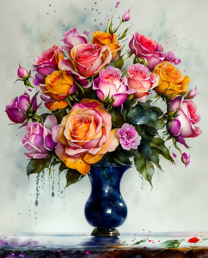 Colorful Pink and Yellow Roses in Dark Blue Vase with Paint Splashes