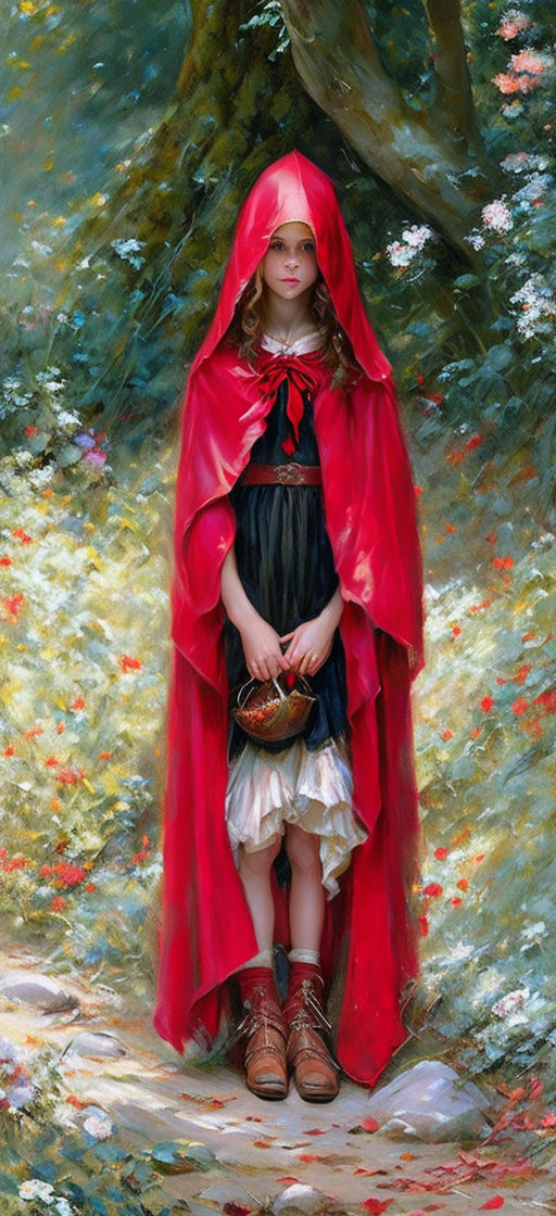 Young girl in red hooded cloak with basket in lush forest landscape