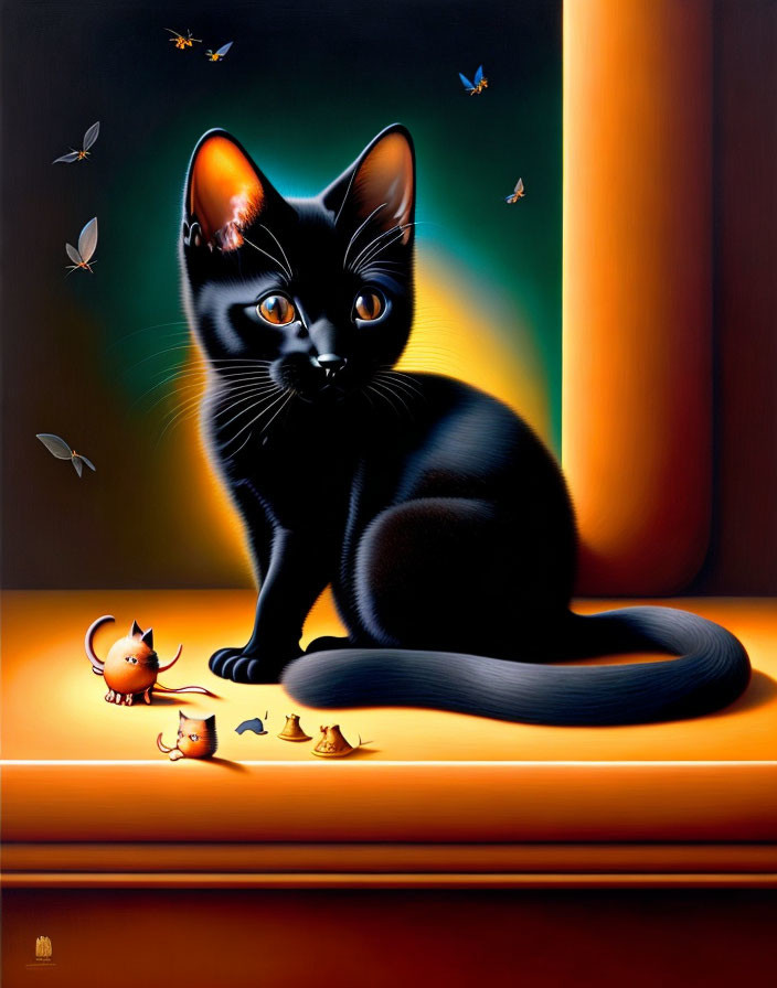 Black Cat with Amber Eyes Surrounded by Butterflies and Miniature Creatures