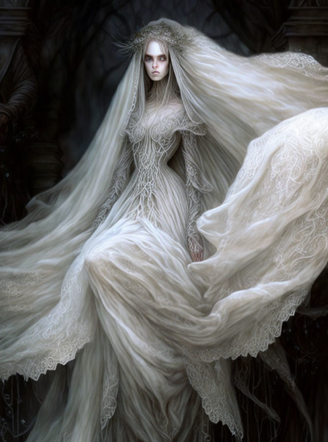 Pale woman in white gown with lace details against gothic backdrop