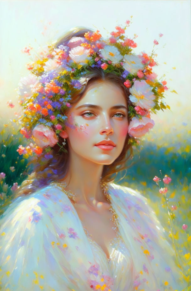 Woman with Floral Crown in Sunlit Meadow Portrait