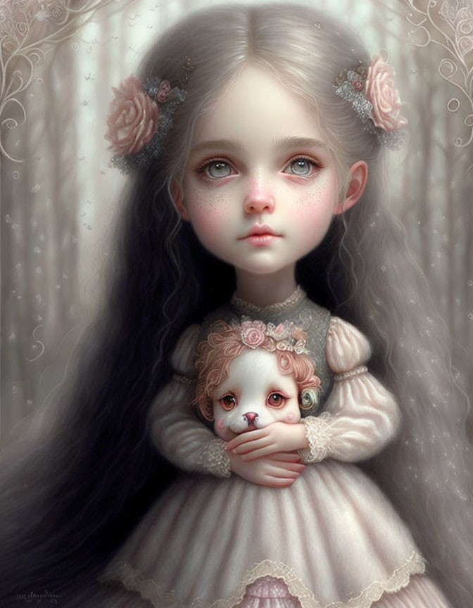 Digital artwork: Young girl with blue eyes, grey hair, pink roses, holding matching doll