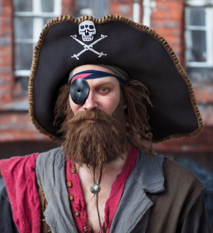 Person in pirate costume with black hat, eye patch, and beard posing confidently