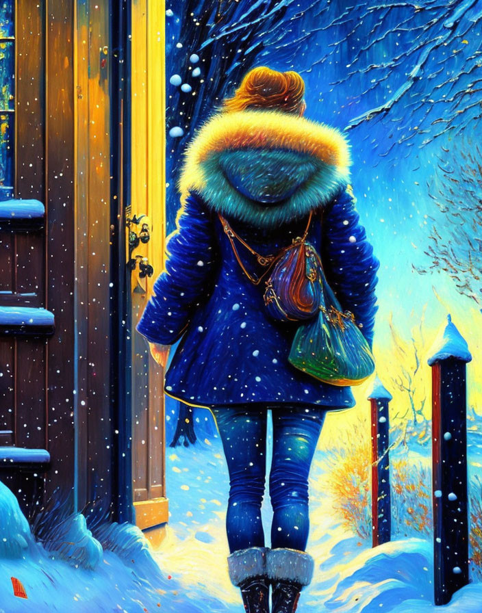 Person in Blue Winter Coat Walking Towards Warmly Lit Doorway on Snowy Evening