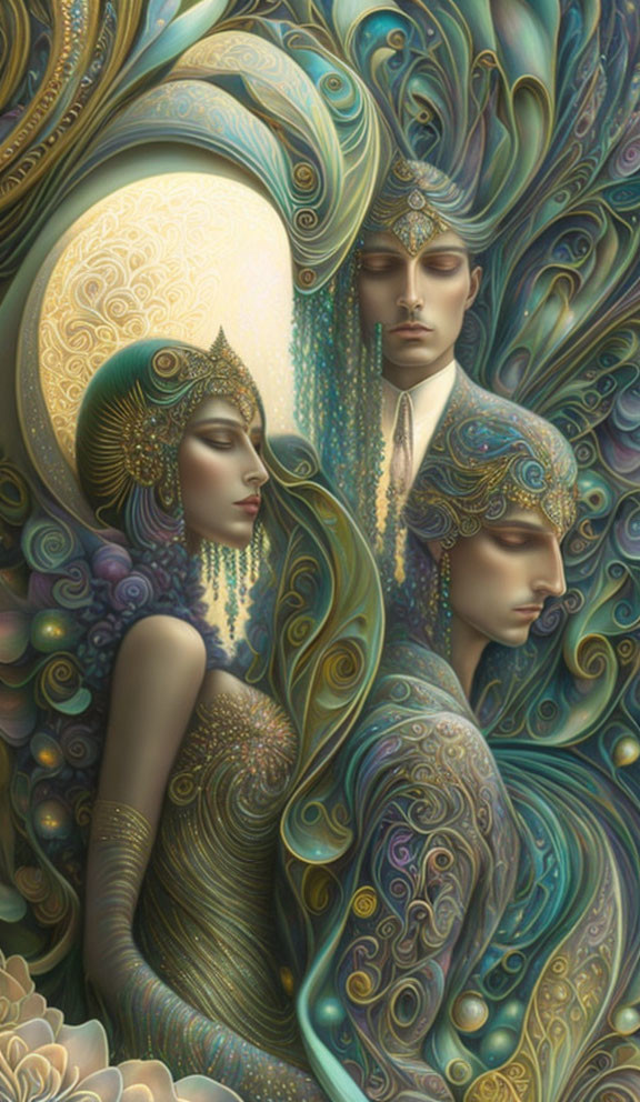 Art Nouveau Style Illustration Featuring Three Ethereal Figures