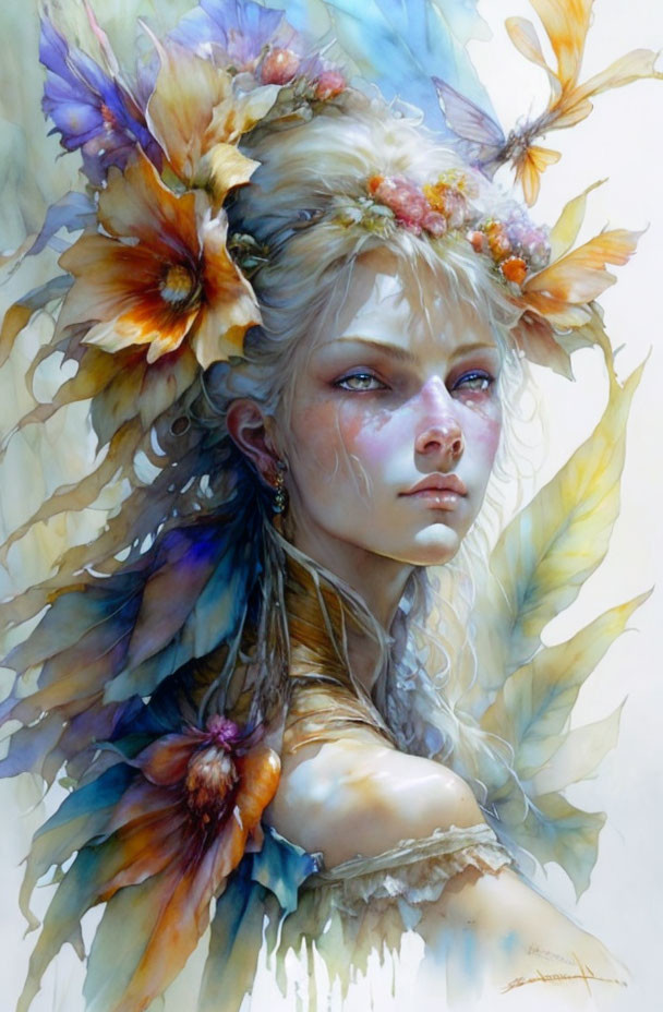 Whimsical painting of woman with flower and butterfly crown in soft pastel hues