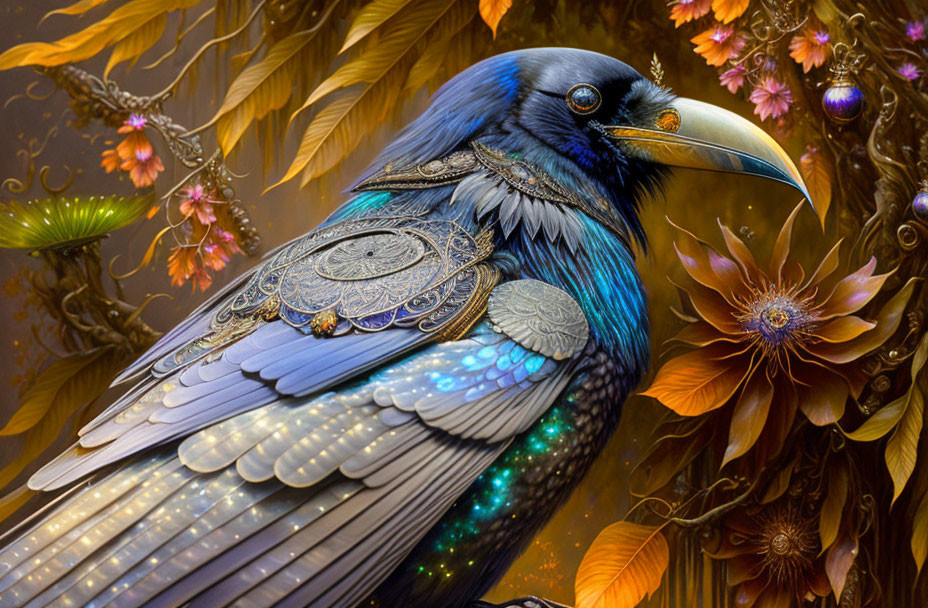 Detailed illustration: Raven with metallic feathers, golden leaves, purple flowers