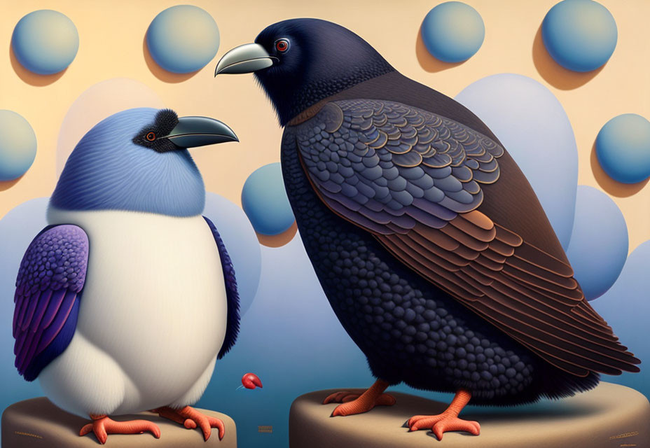 Stylized crow and pigeon with human-like eyes on pedestals with surreal floating orbs