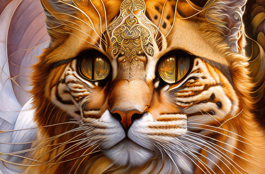 Detailed illustration of majestic orange tiger with golden patterns, deep green eyes, and ornate jewelry.