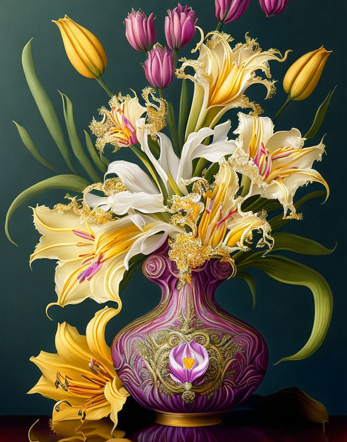 Detailed Still-Life Painting of Tulips and Lilies in Purple Vase