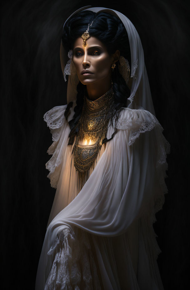 Ethereal woman in golden jewelry and white veil on dark background