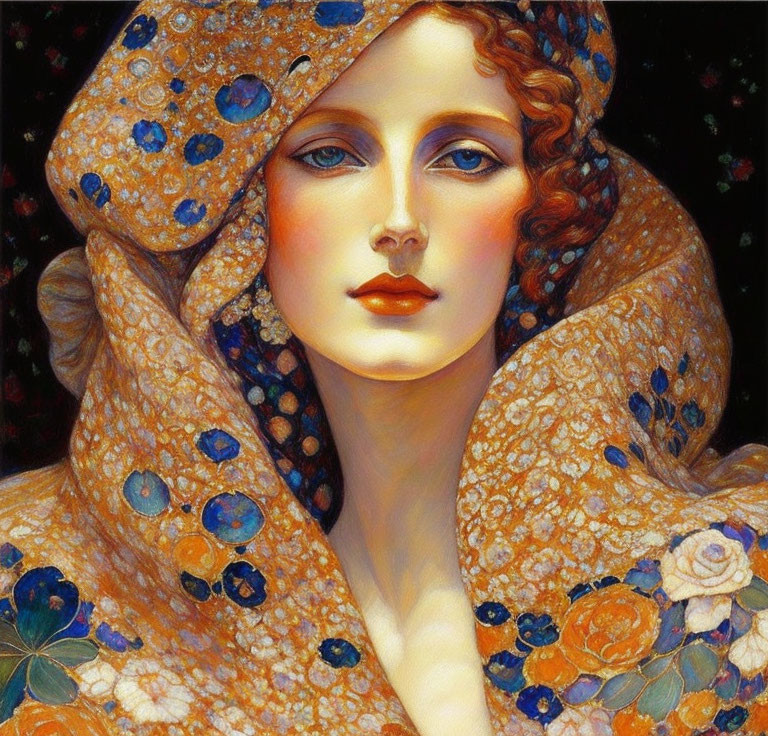 Portrait of Woman with Wavy Hair and Floral Shawl in Vibrant Tones