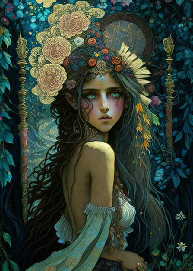 Mystical woman with floral headwear in lush, enchanted forest